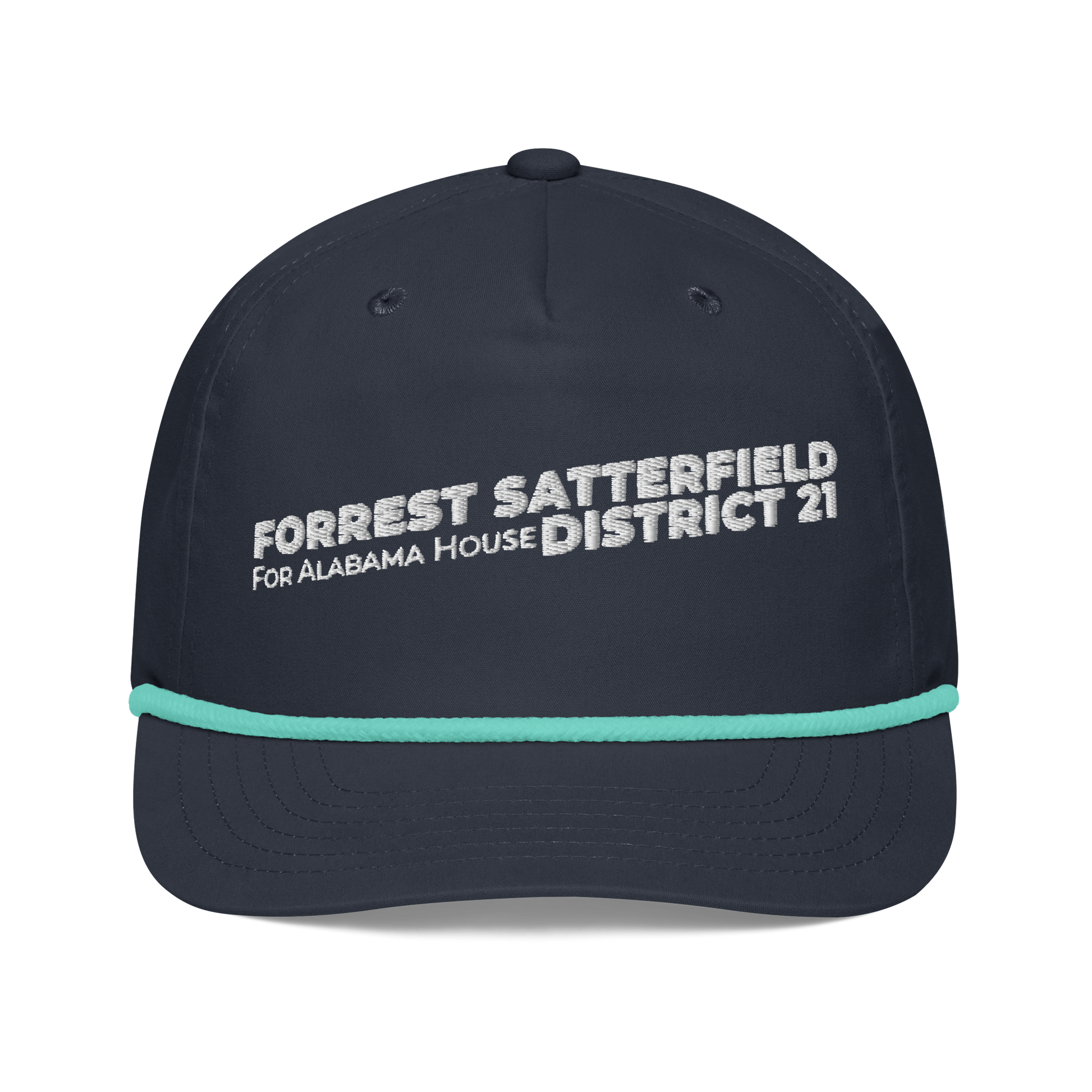 Forrest for Alabama golf rope cap, navy and mint, front view