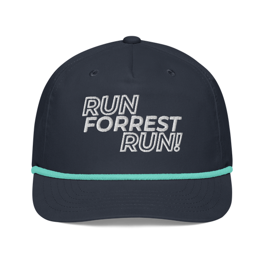 Run Forrest Run navy and mint golf rope cap, front view