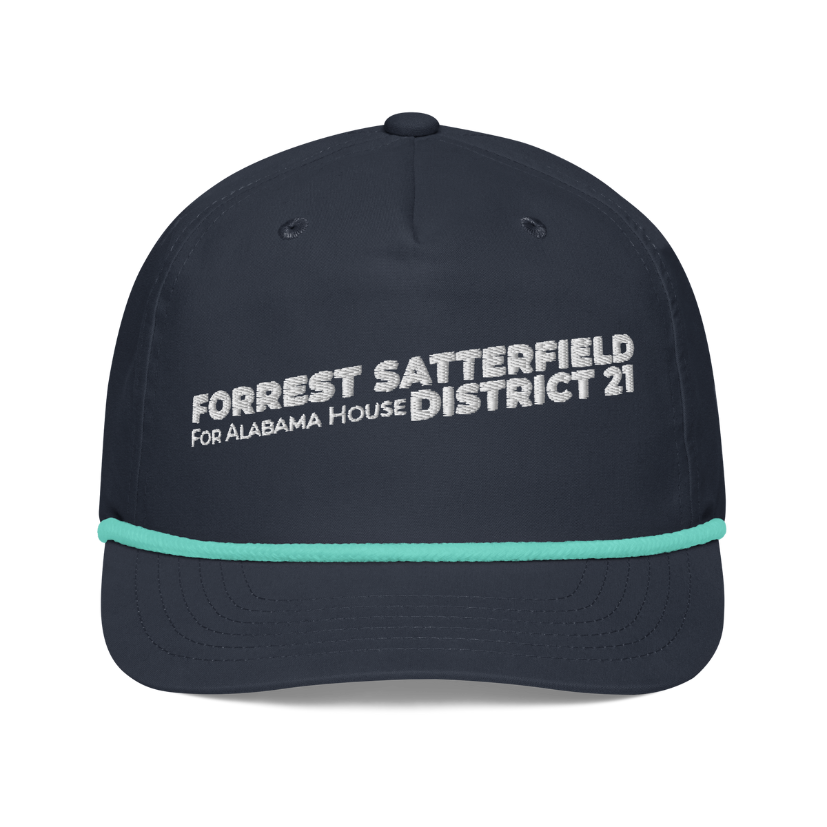 Forrest for Alabama golf rope cap, navy and mint, front view