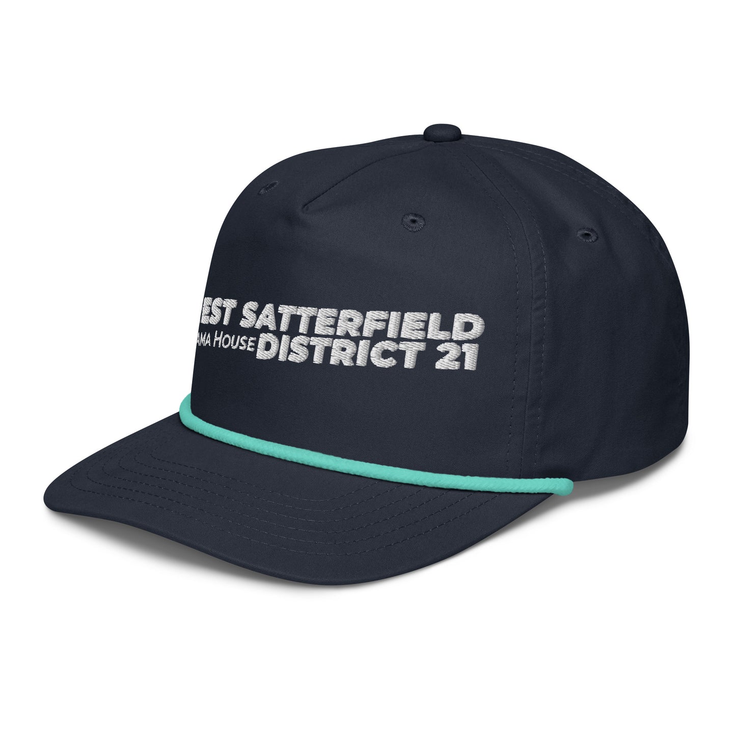 Forrest for Alabama golf rope cap, navy and mint, front-left angle