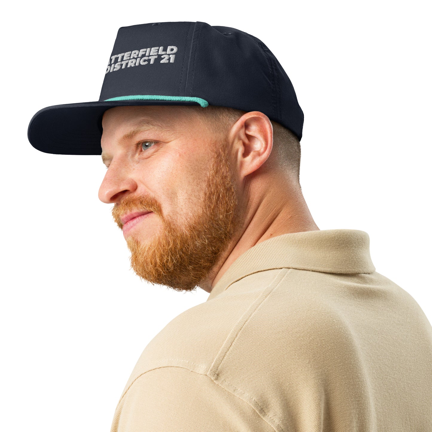 Forrest for Alabama golf rope cap, navy and mint, front-left angle