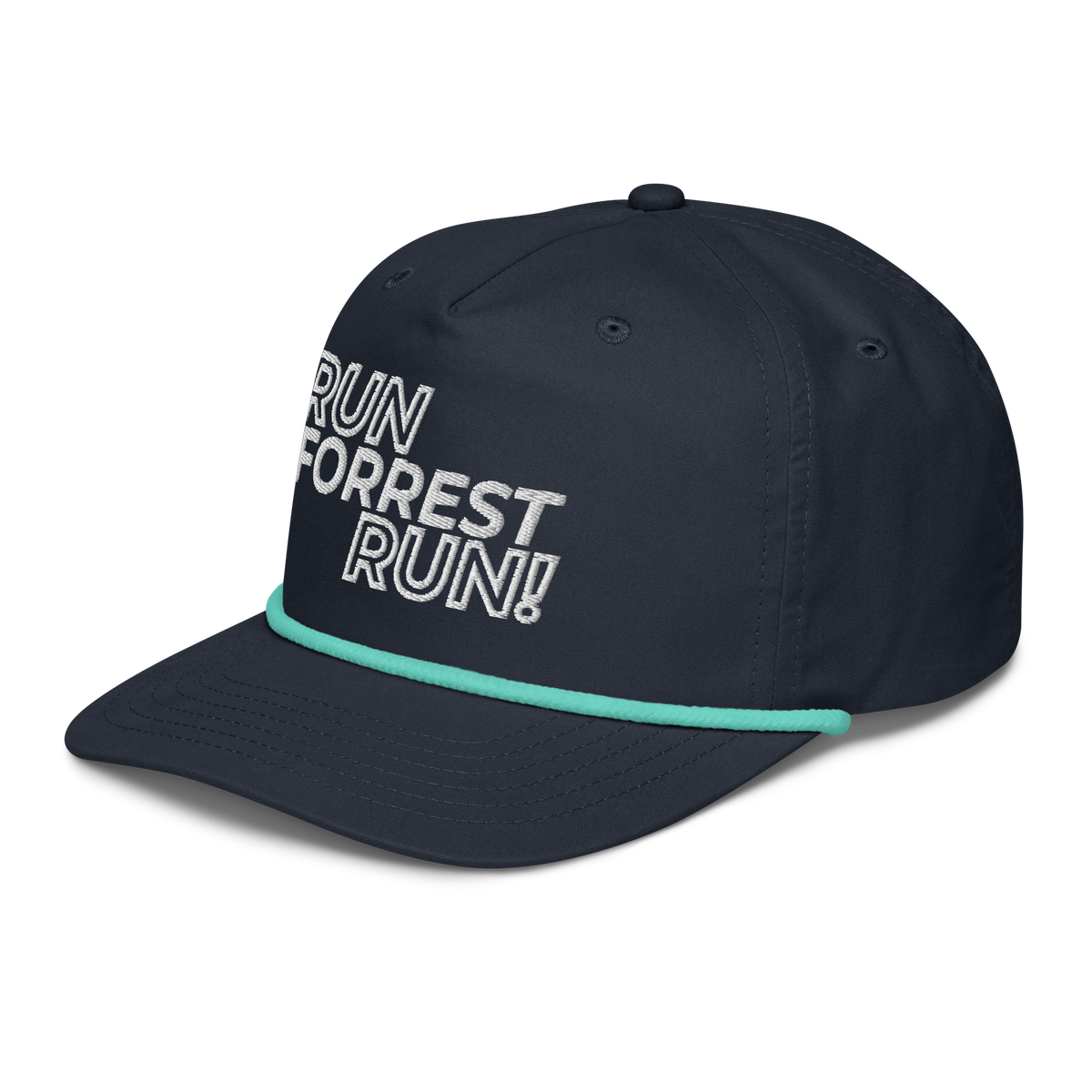 Run Forrest Run navy and mint golf rope cap, left front view