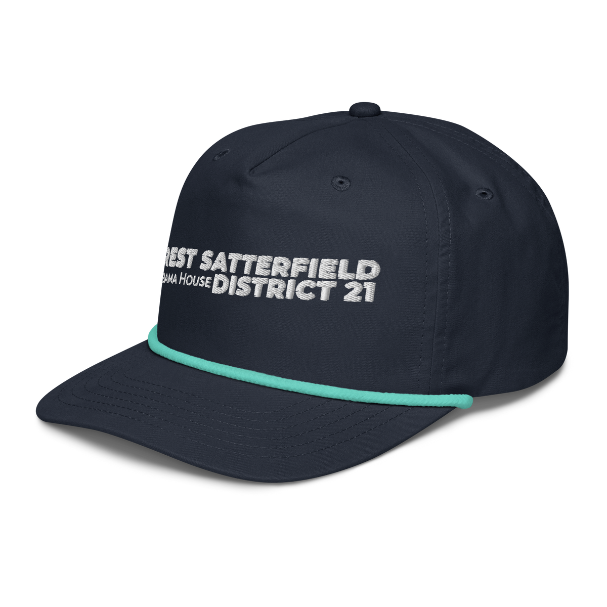 Forrest for Alabama golf rope cap, navy and mint, front-left angle
