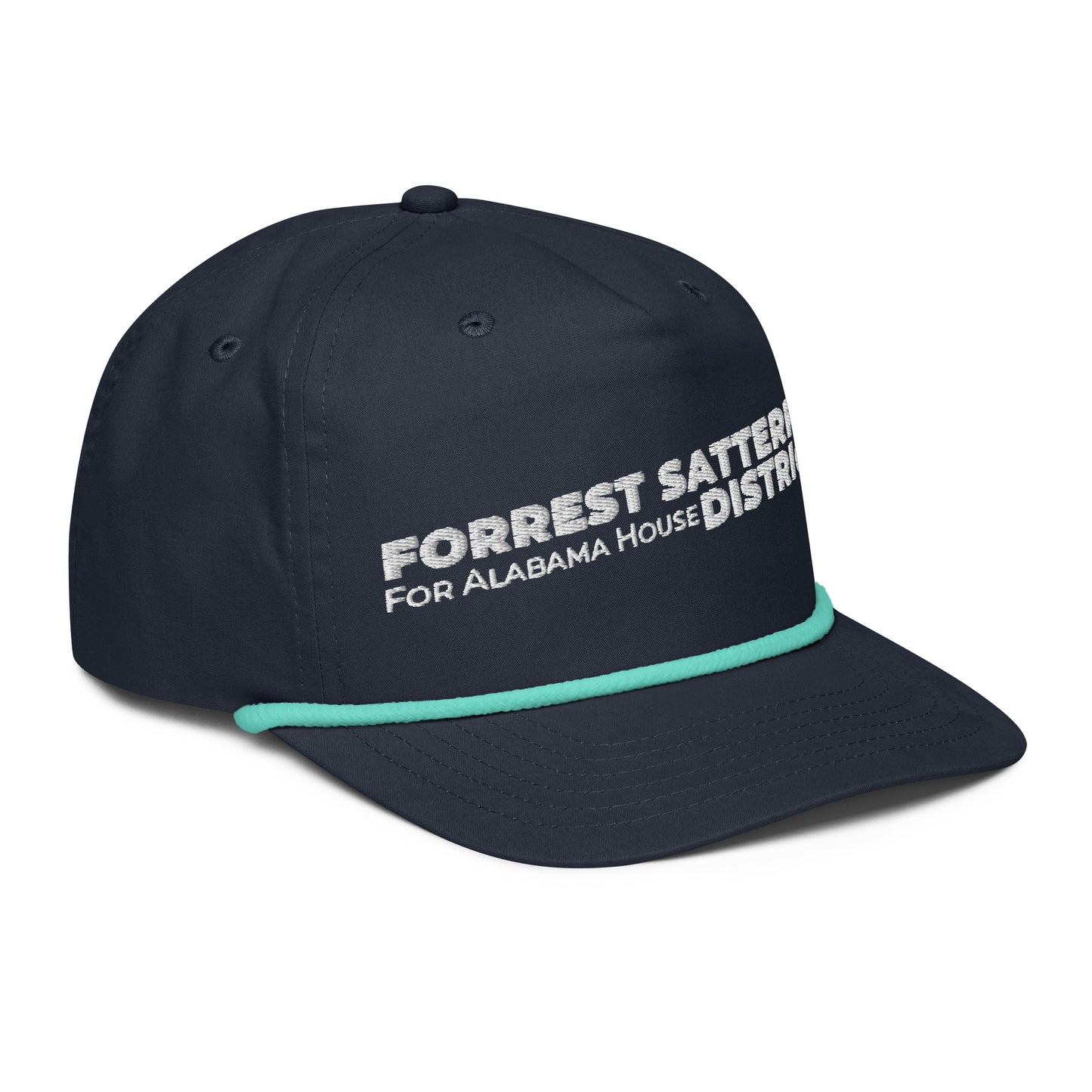 Forrest for Alabama golf rope cap, navy and mint, front-right angle