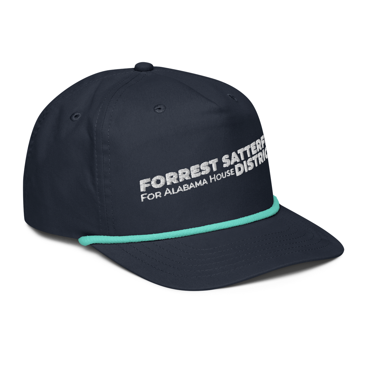 Forrest for Alabama golf rope cap, navy and mint, front-right angle