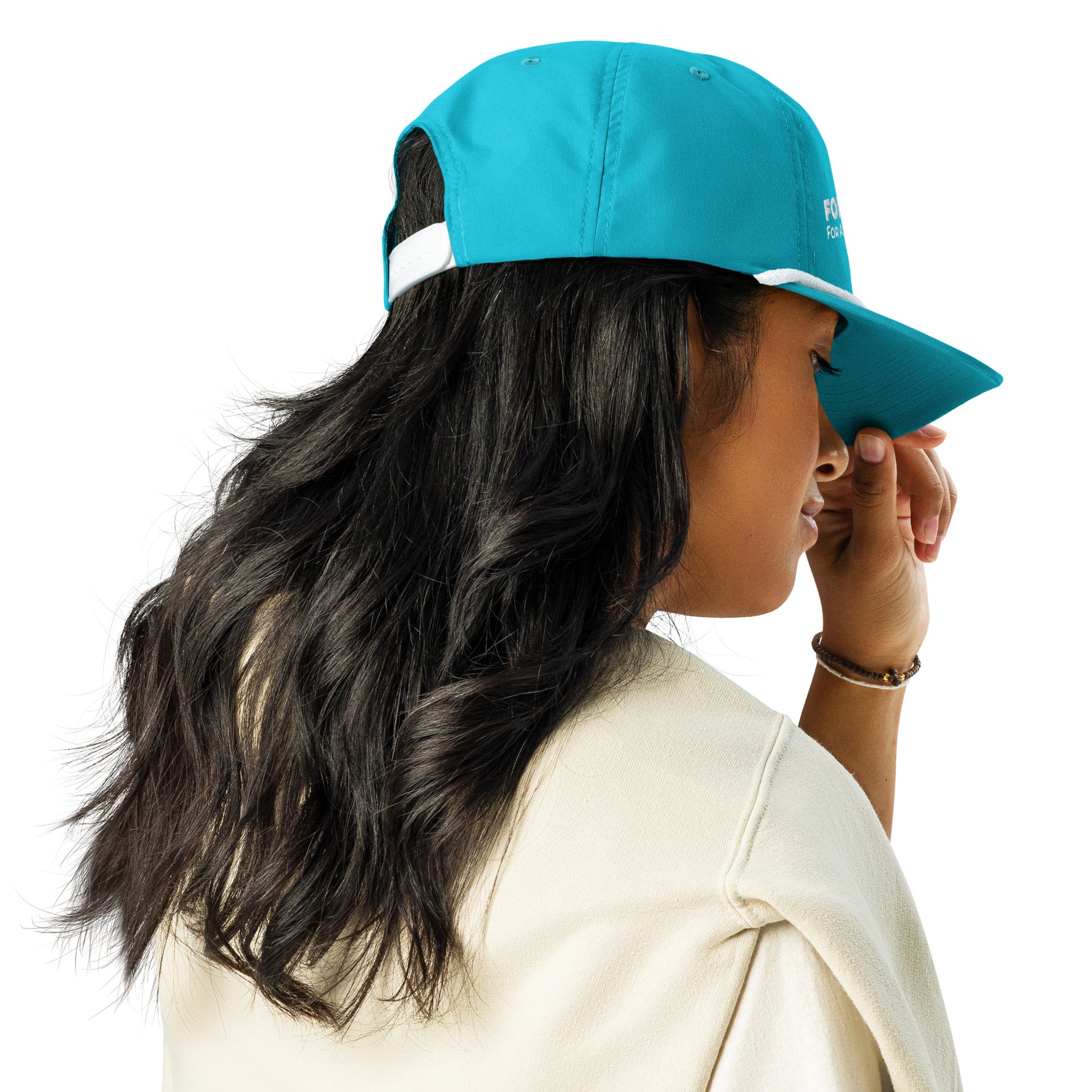 Forrest for Alabama golf rope cap, turquoise and white, back view