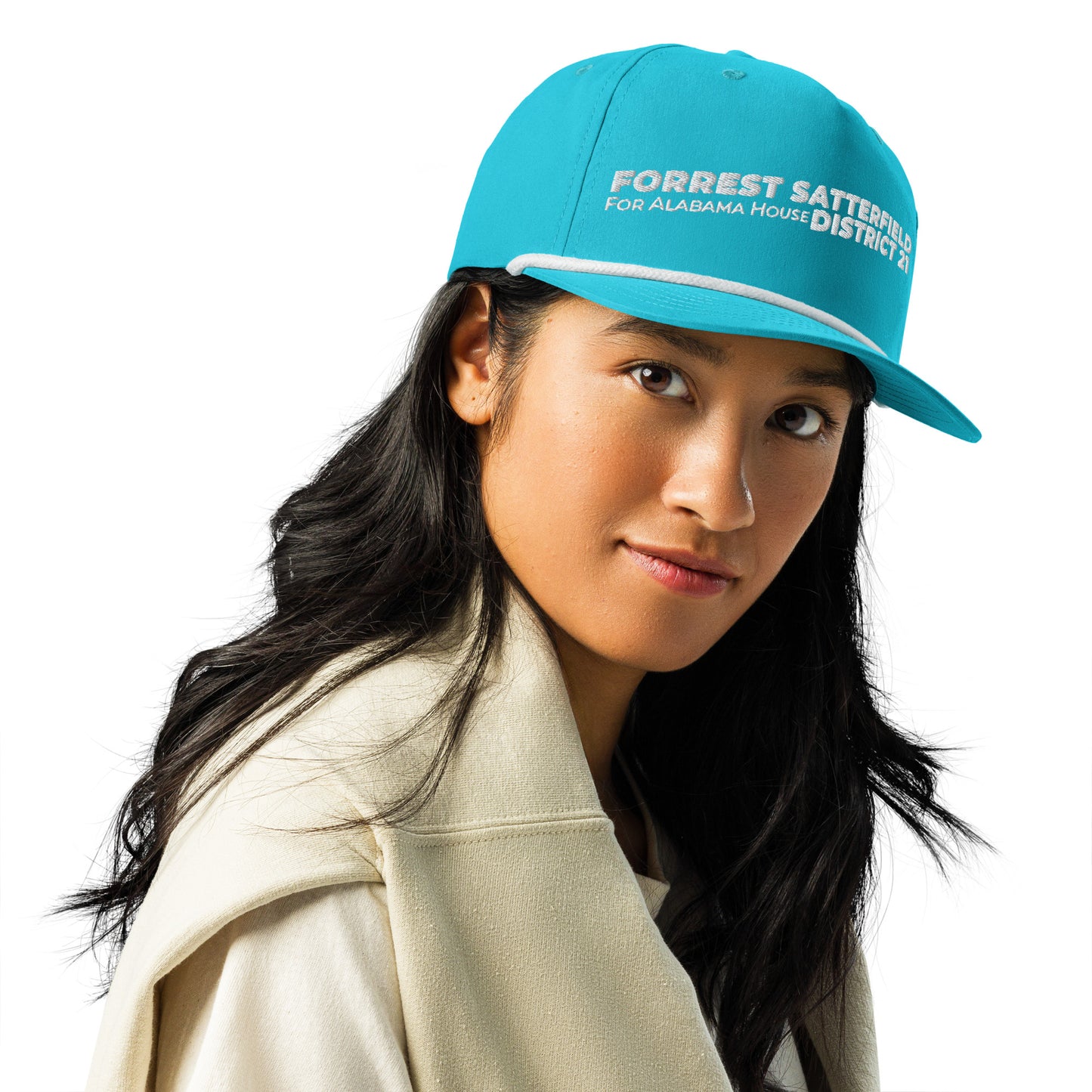 Forrest for Alabama golf rope cap, turquoise and white, front view