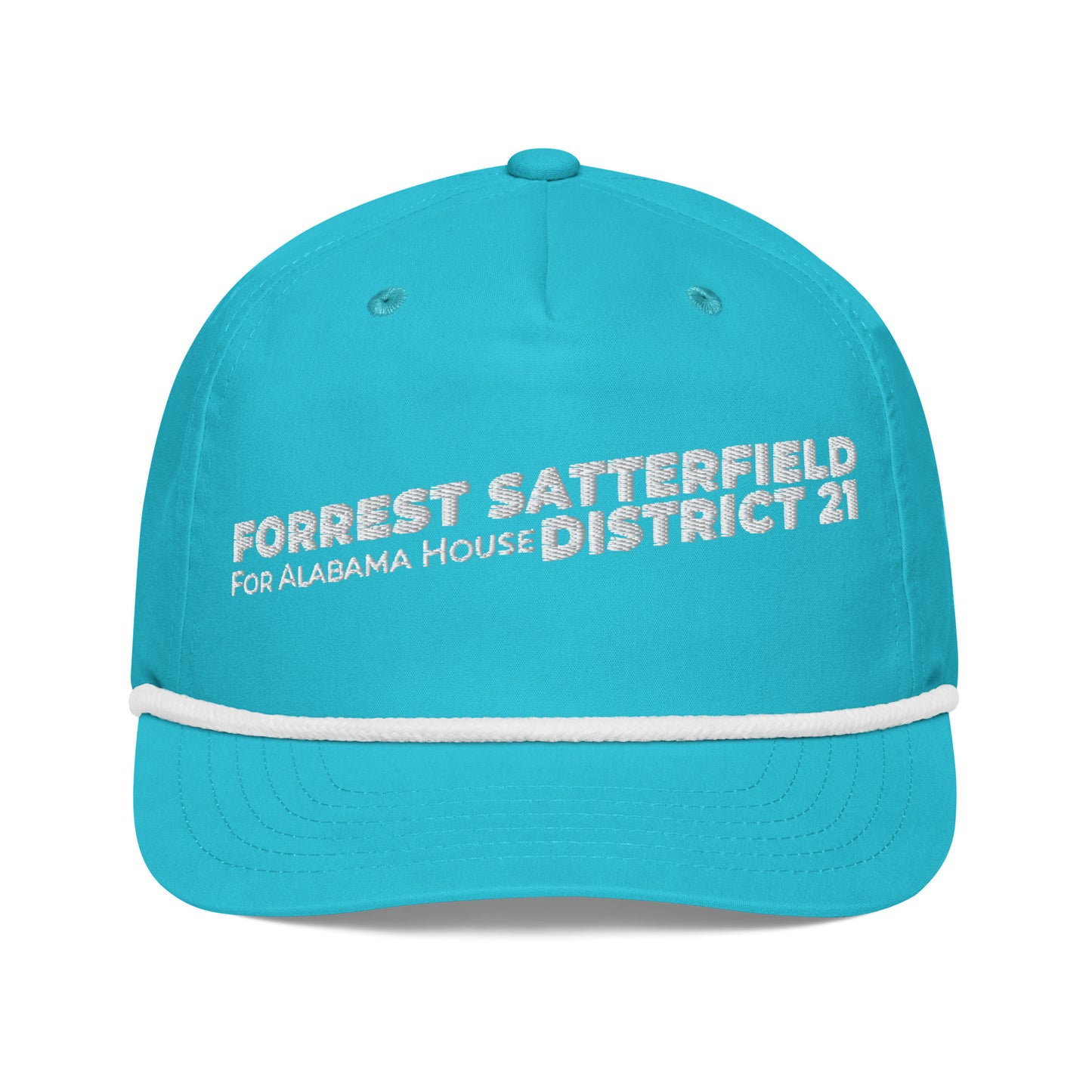 Forrest for Alabama golf rope cap, turquoise and white, front view