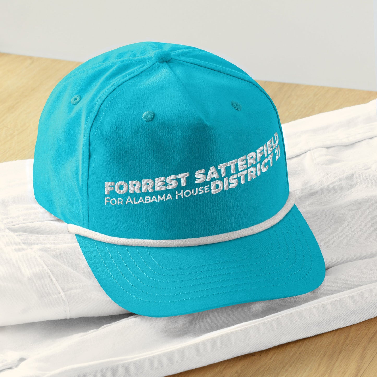 Forrest for Alabama golf rope cap, turquoise and white, front view
