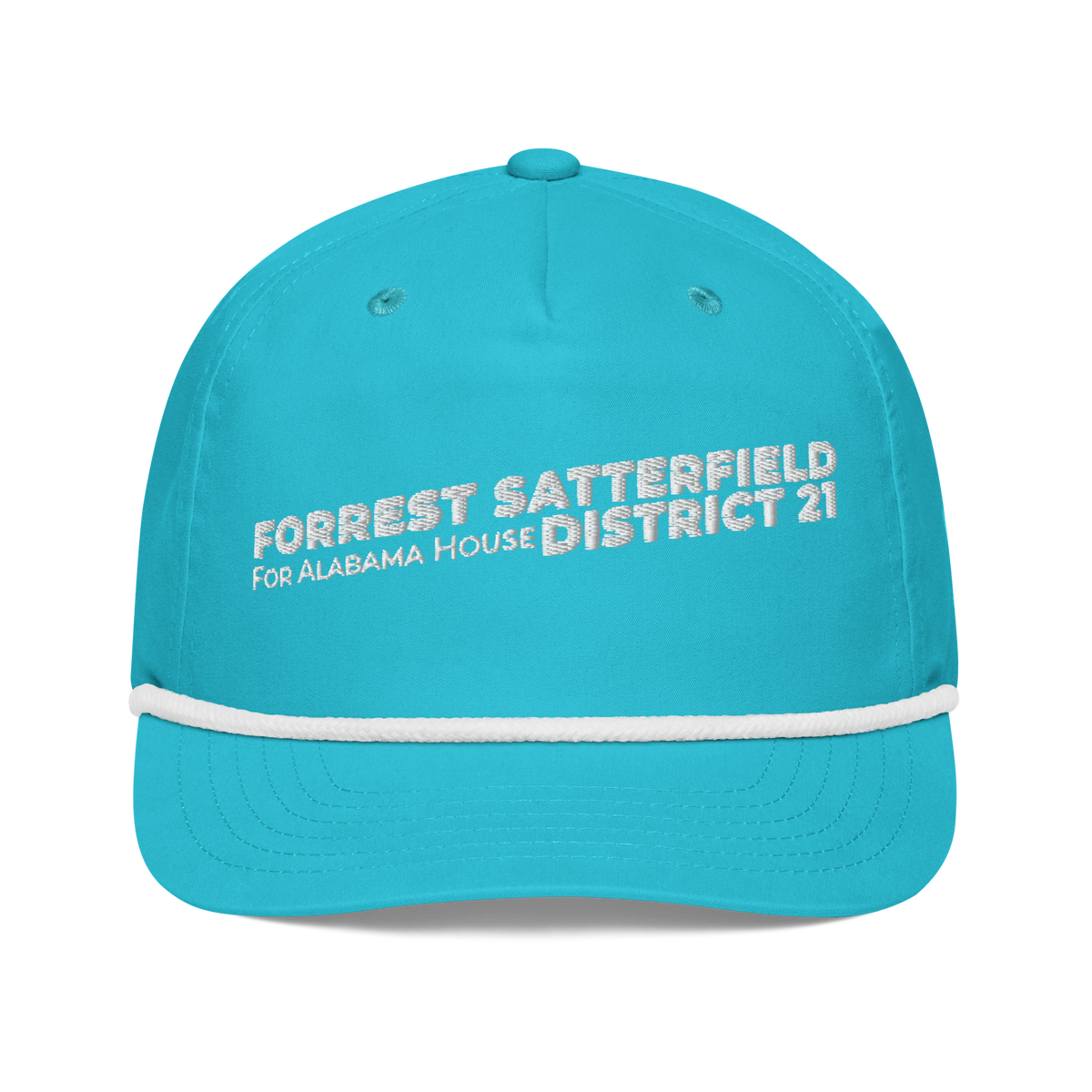Forrest for Alabama golf rope cap, turquoise and white, front view