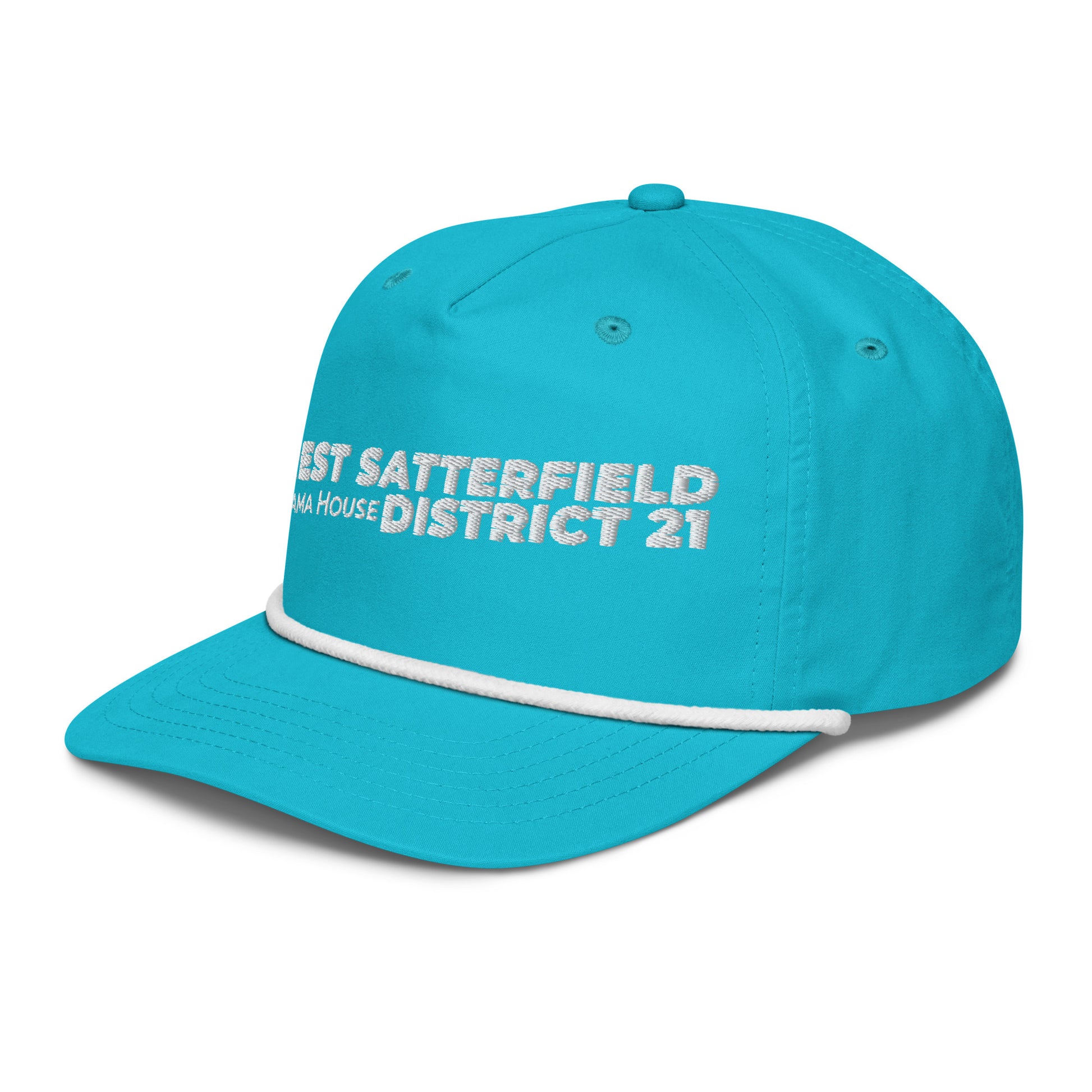 Forrest for Alabama golf rope cap, turquoise and white, front-left angle