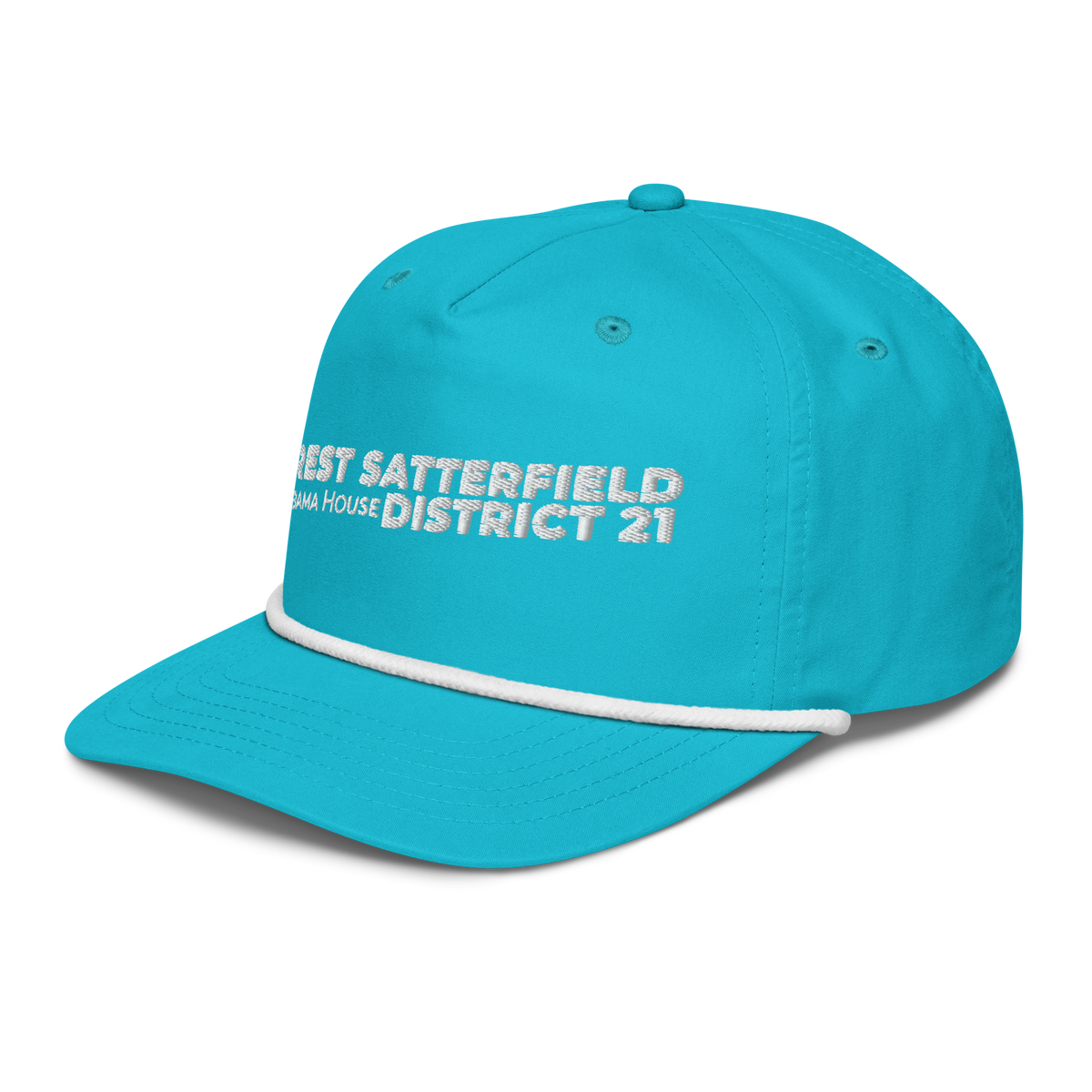 Forrest for Alabama golf rope cap, turquoise and white, front-left angle