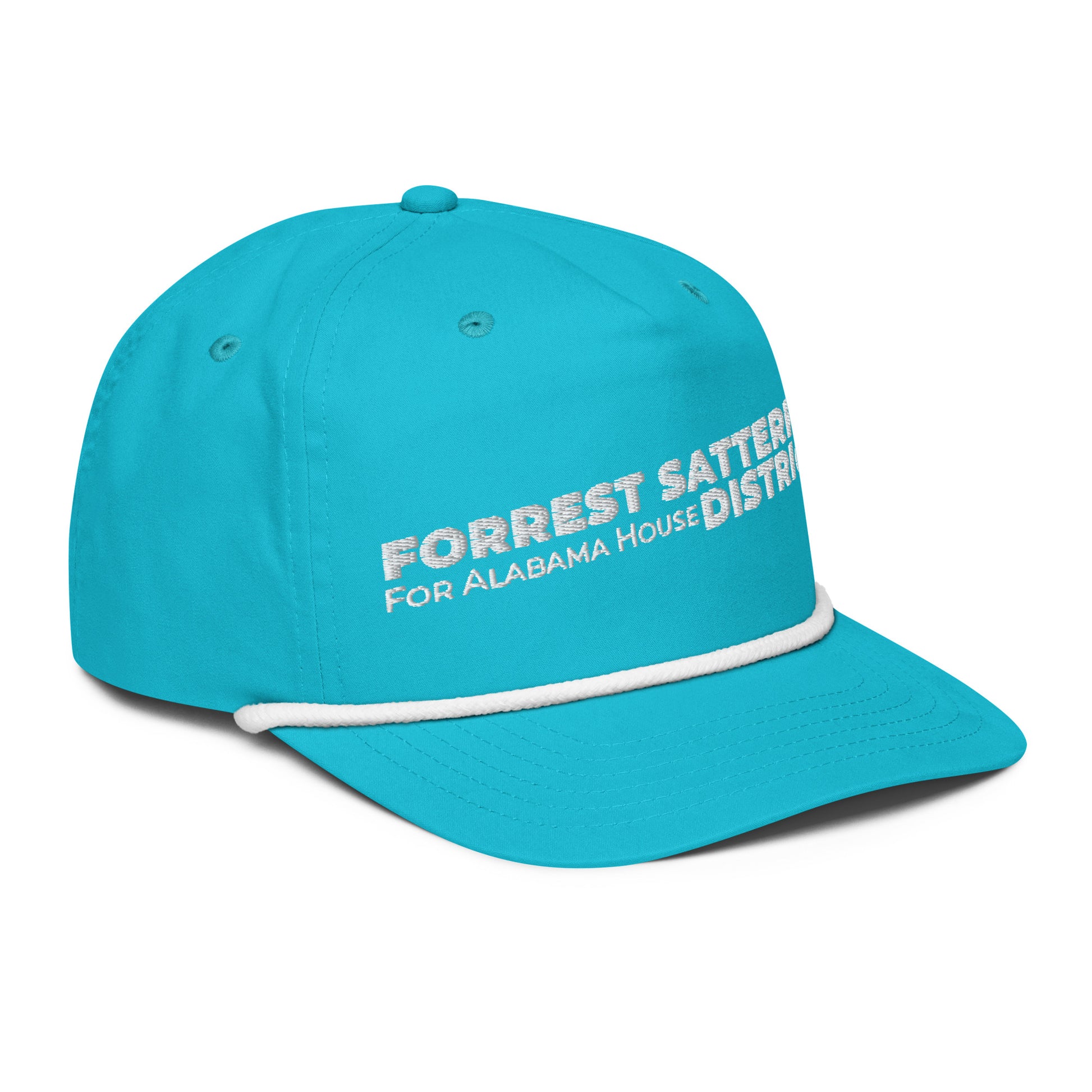 Forrest for Alabama golf rope cap, turquoise and white, front-right angle
