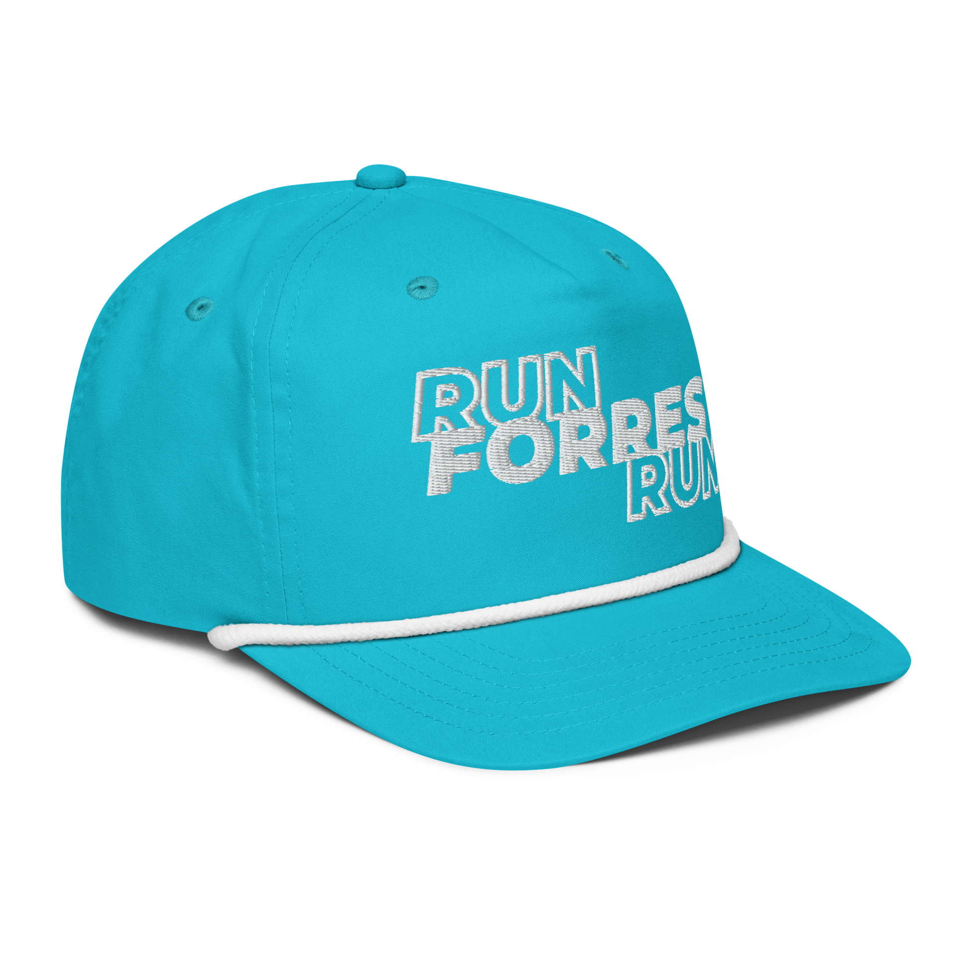 Run Forrest Run turquoise golf rope cap, right front view
