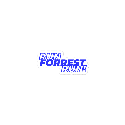 3x3 inch RUN FORREST RUN! kiss-cut sticker shown flat, blue stacked lettering on white, for the Forrest Satterfield District 21 campaign