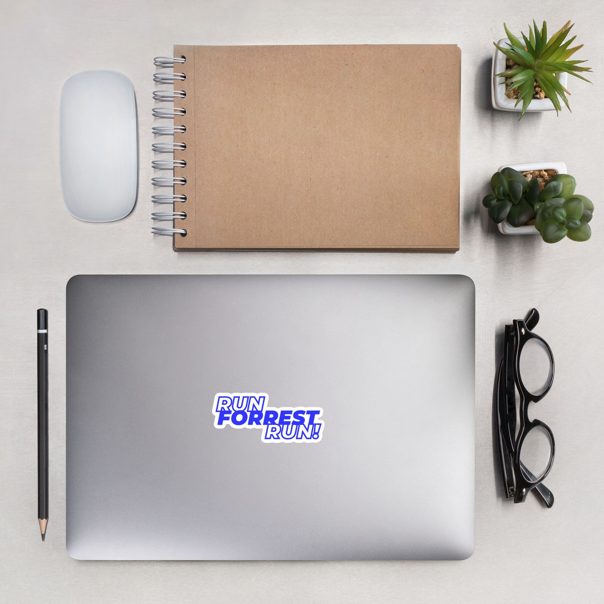 Lifestyle shot of the 4x4 inch RUN FORREST RUN! campaign sticker applied to a surface, Forrest Satterfield for Alabama House District 21