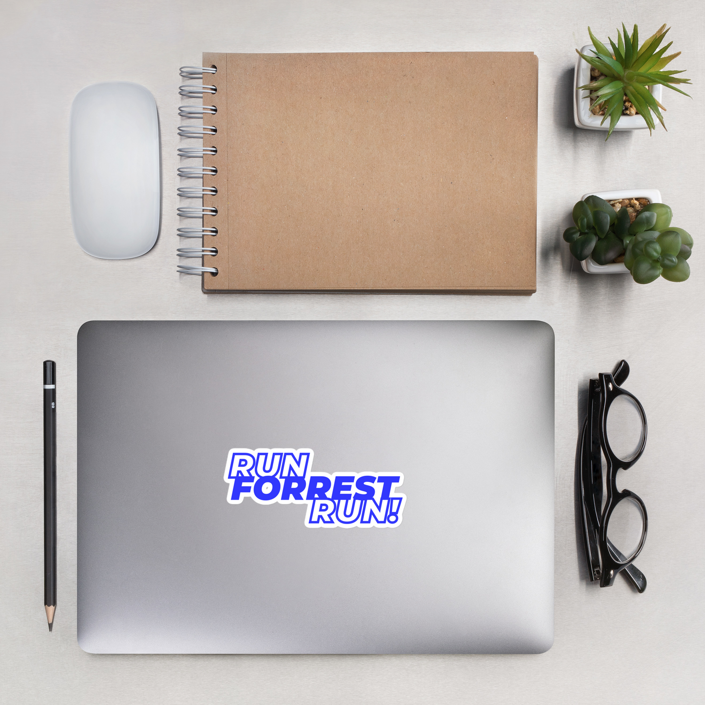 Lifestyle shot of the 5.5x5.5 inch RUN FORREST RUN! campaign sticker applied to a surface, Forrest Satterfield for Alabama House District 21