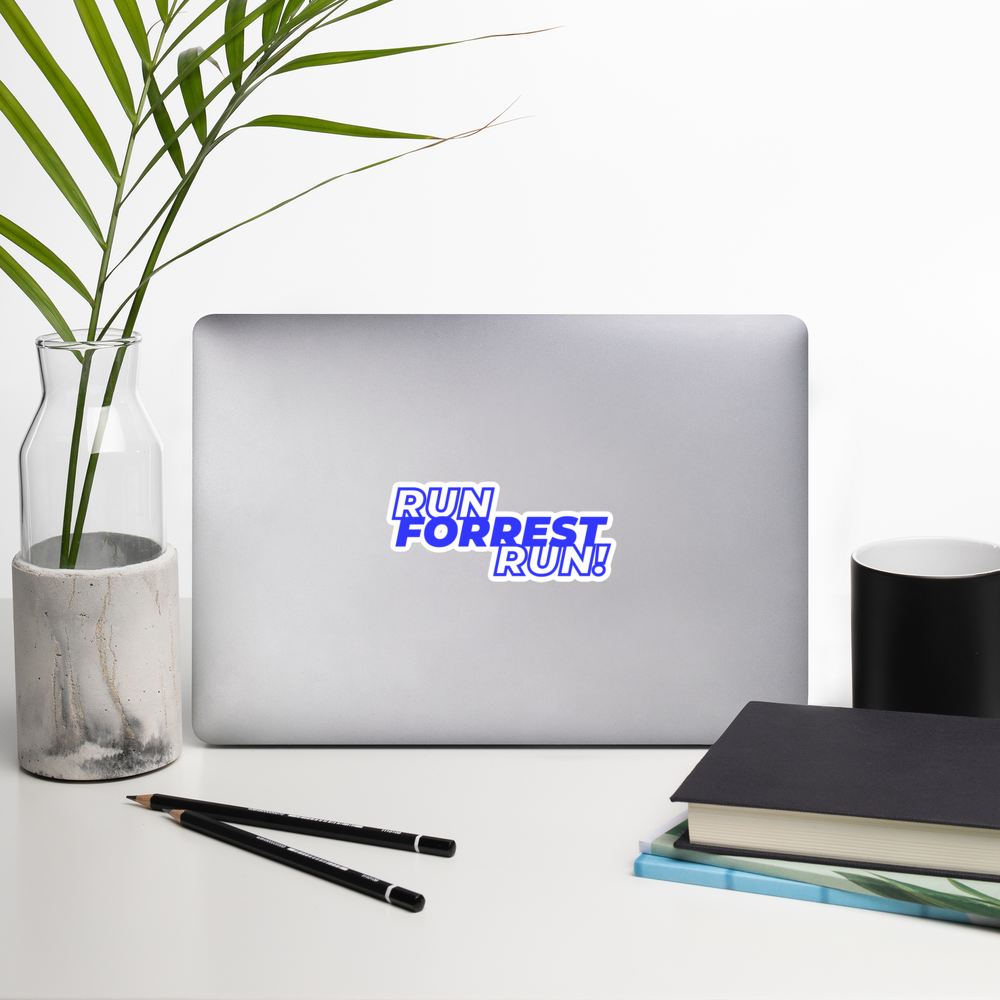 Second lifestyle shot of the 5.5x5.5 inch RUN FORREST RUN! sticker in use, Forrest for Alabama District 21 campaign merch