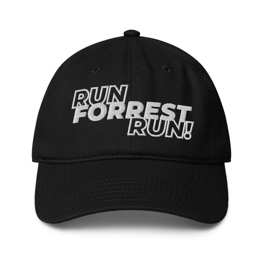 Run Forrest Run black low-profile baseball cap, front view