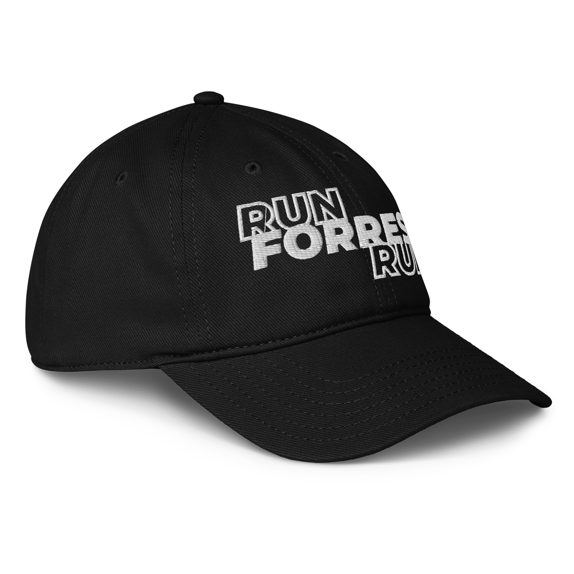 Run Forrest Run black low-profile baseball cap, right front view