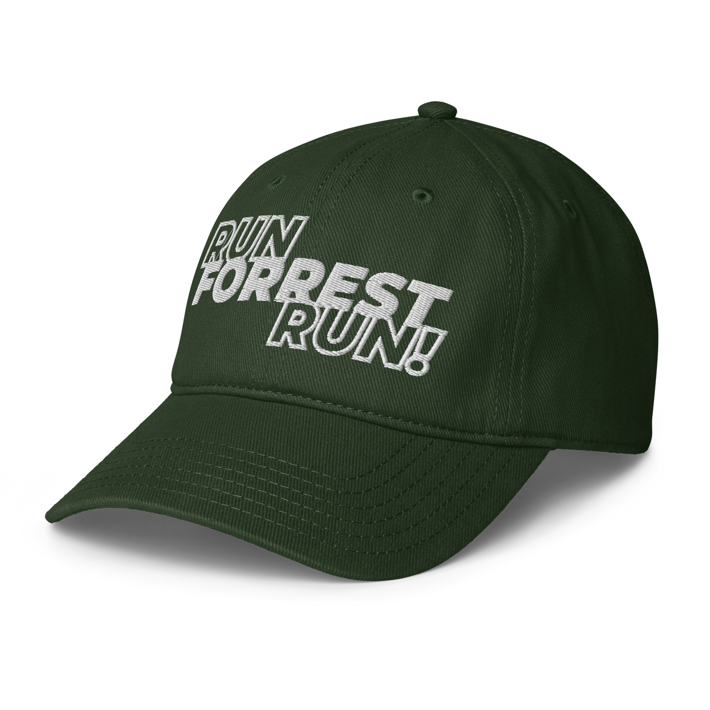 Run Forrest Run dark green low-profile baseball cap, left front view
