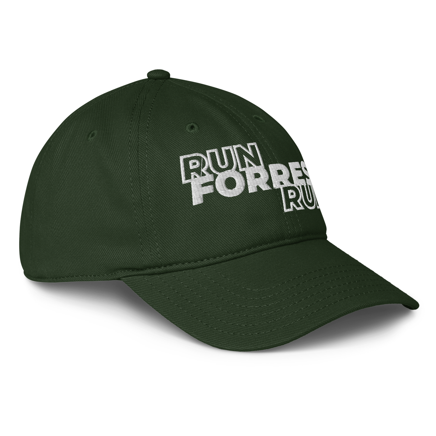 Run Forrest Run dark green low-profile baseball cap, right front view