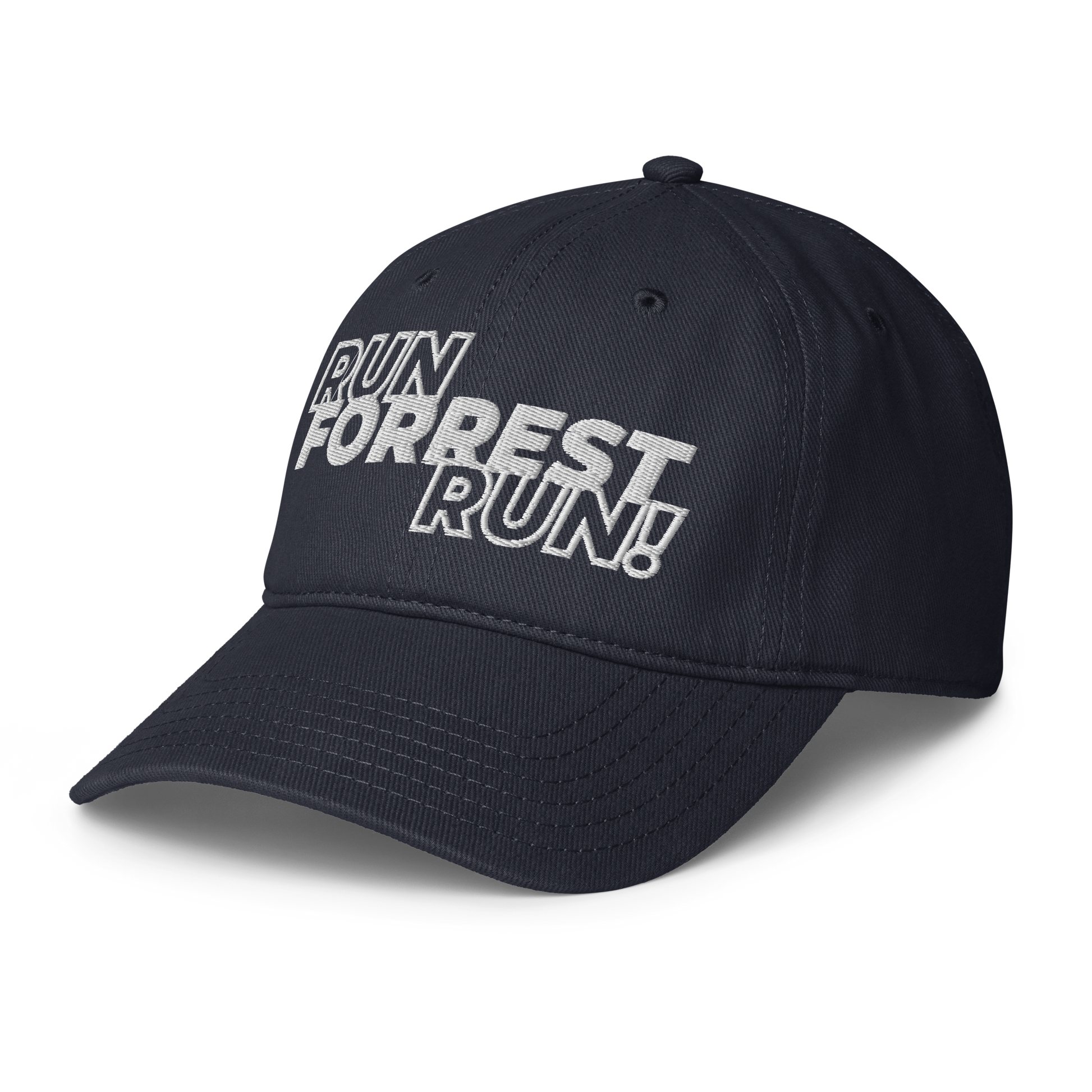 Run Forrest Run dark navy low-profile baseball cap, left front view
