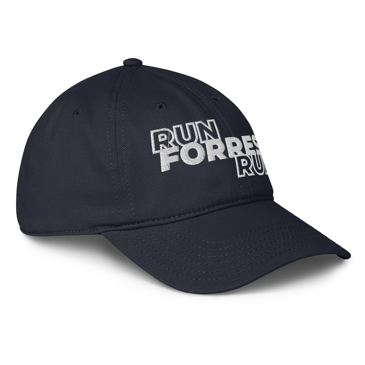 Run Forrest Run dark navy low-profile baseball cap, right front view