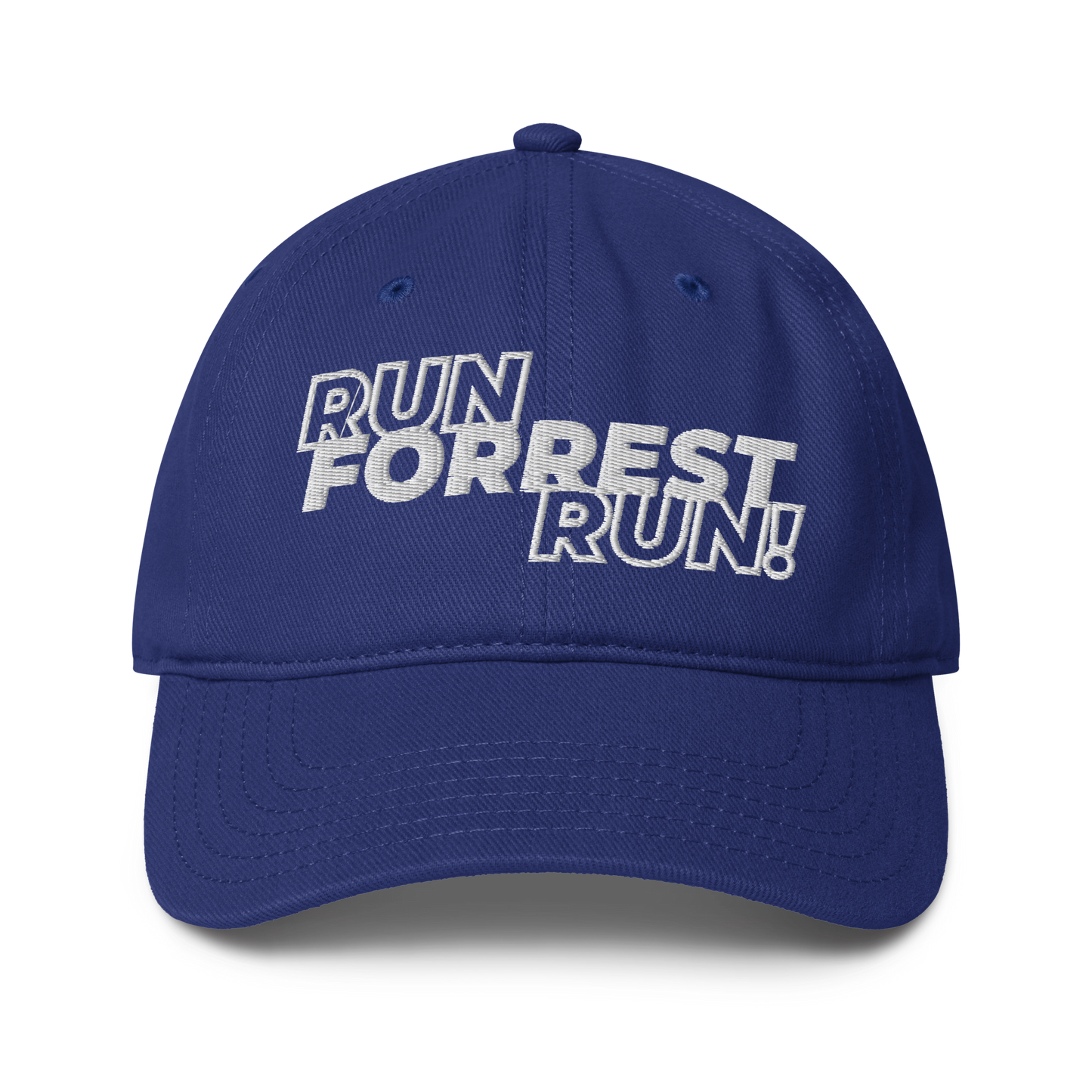 Run Forrest Run royal blue low-profile baseball cap, front view