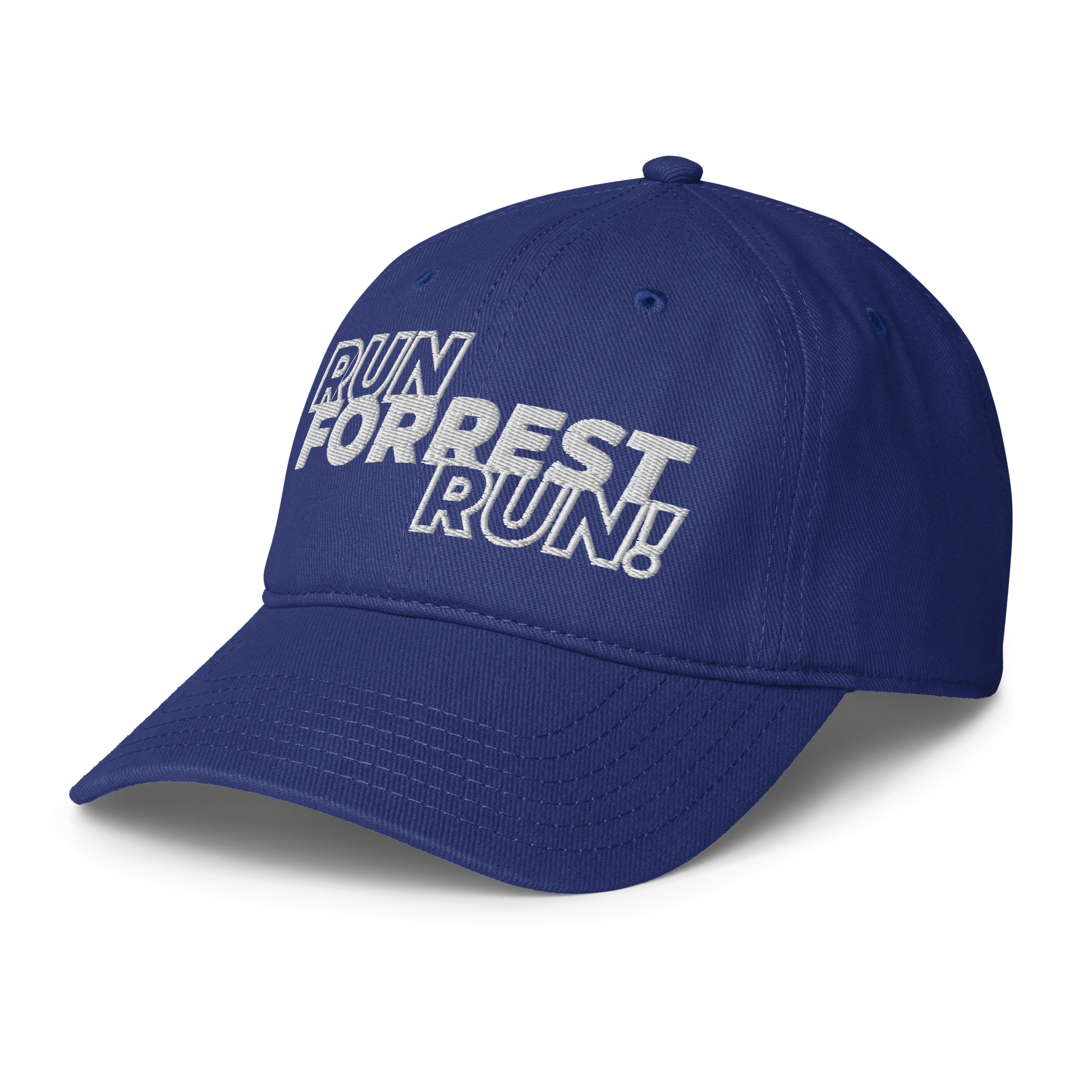 Run Forrest Run royal blue low-profile baseball cap, left front view