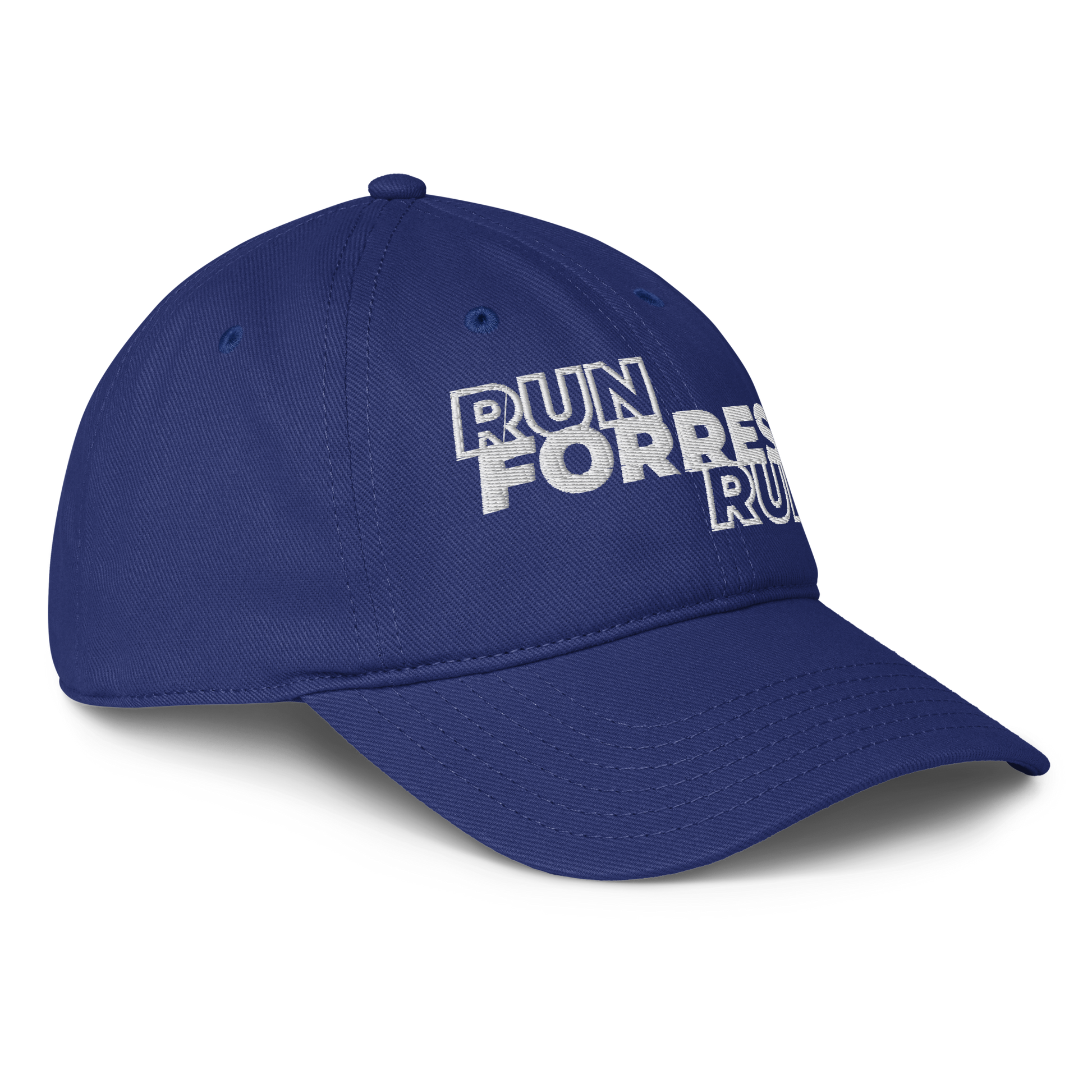 Run Forrest Run royal blue low-profile baseball cap, right front view