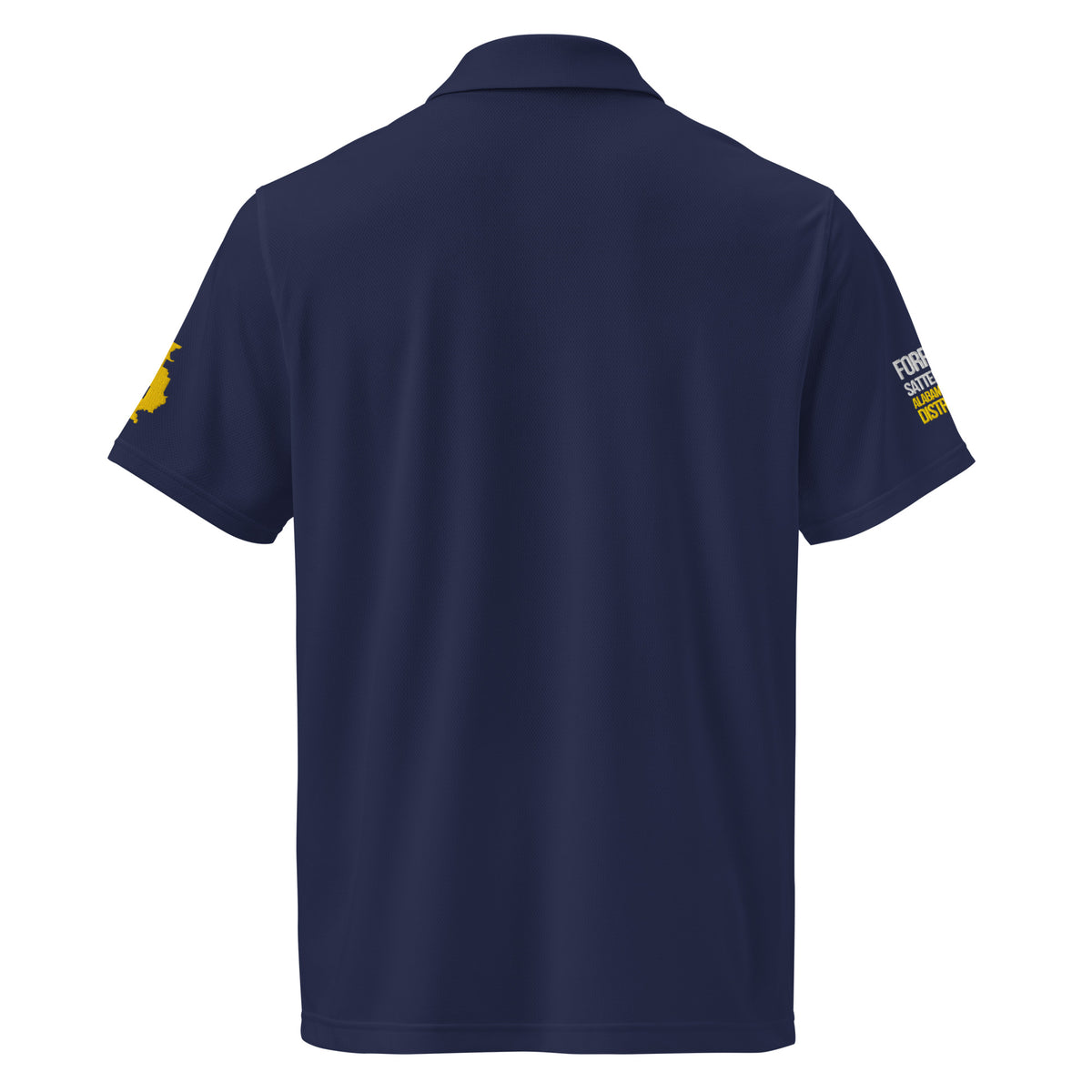 Run Forrest Run navy Under Armour performance polo, back view