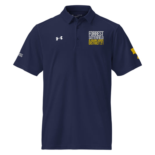 Forrest for Alabama navy Under Armour performance polo, front view