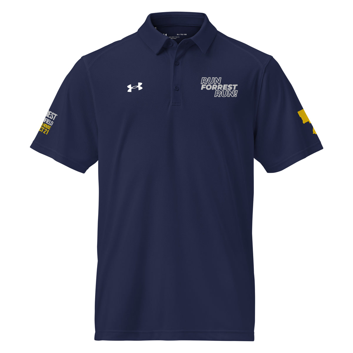 Run Forrest Run navy Under Armour performance polo, front view