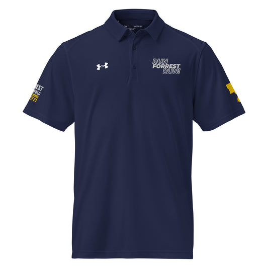 Run Forrest Run navy Under Armour performance polo, front view