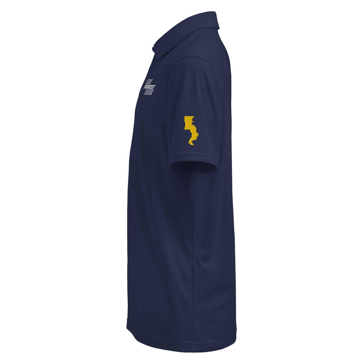 Run Forrest Run navy Under Armour performance polo, left side view