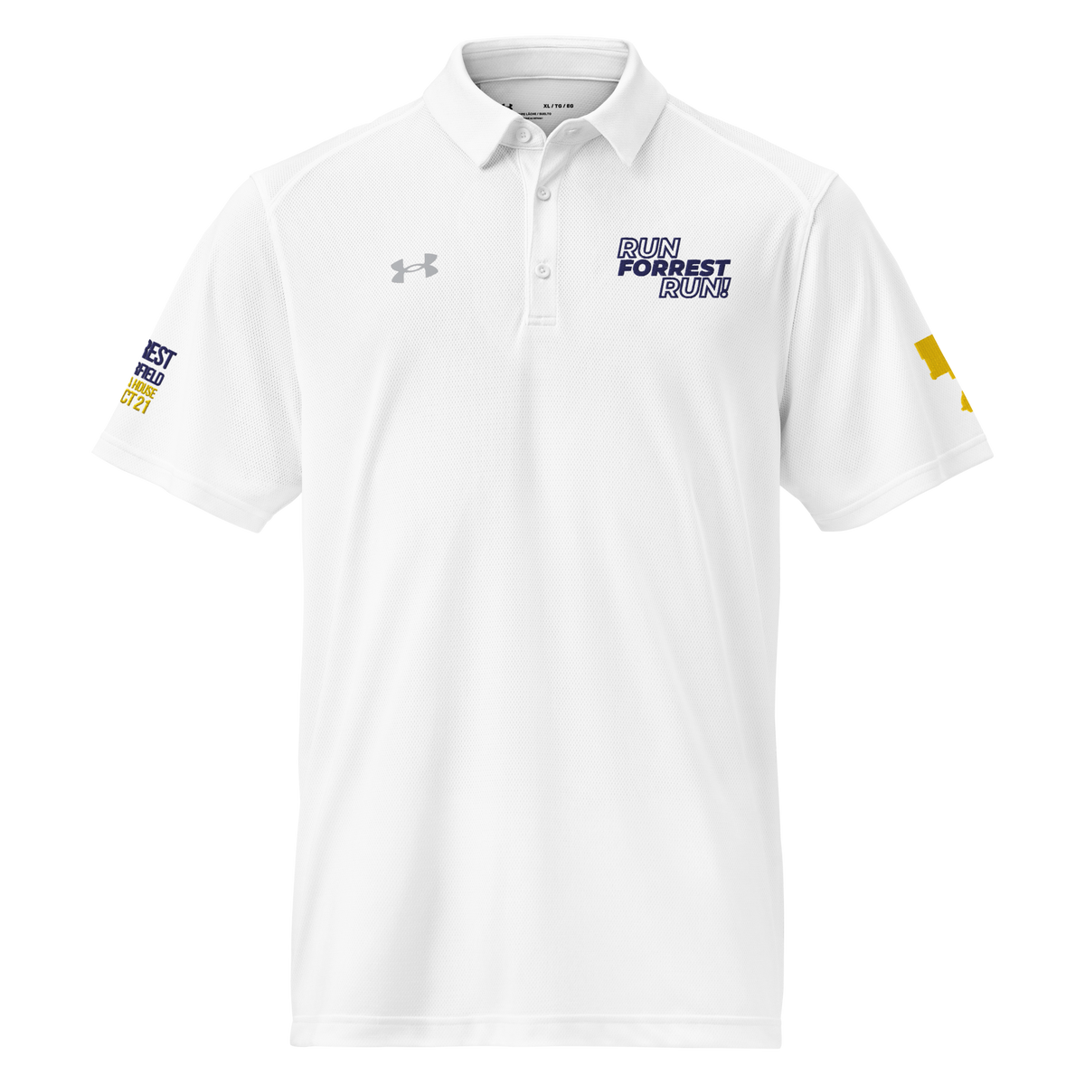 Run Forrest Run white Under Armour performance polo, front view with navy RUN FORREST RUN! chest embroidery