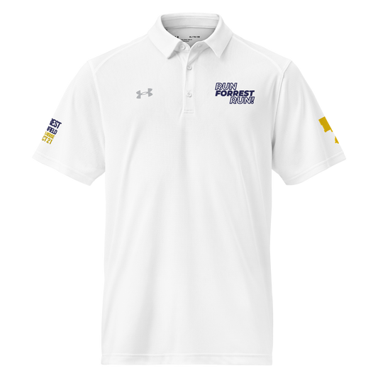 Run Forrest Run white Under Armour performance polo, front view with navy RUN FORREST RUN! chest embroidery