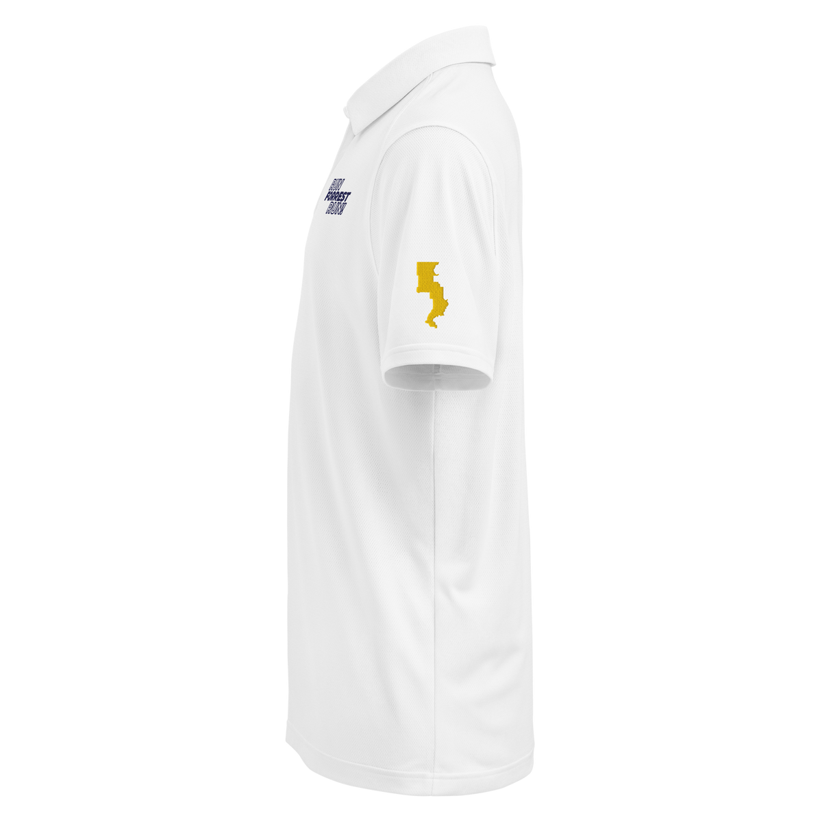 Run Forrest Run white Under Armour polo, left sleeve with the gold Alabama House District 21 map outline