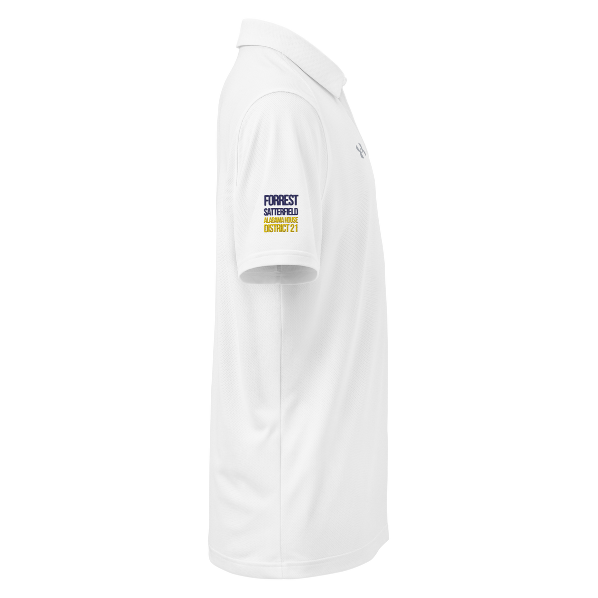Run Forrest Run white Under Armour polo, right sleeve with the Forrest Satterfield Alabama House District 21 mark