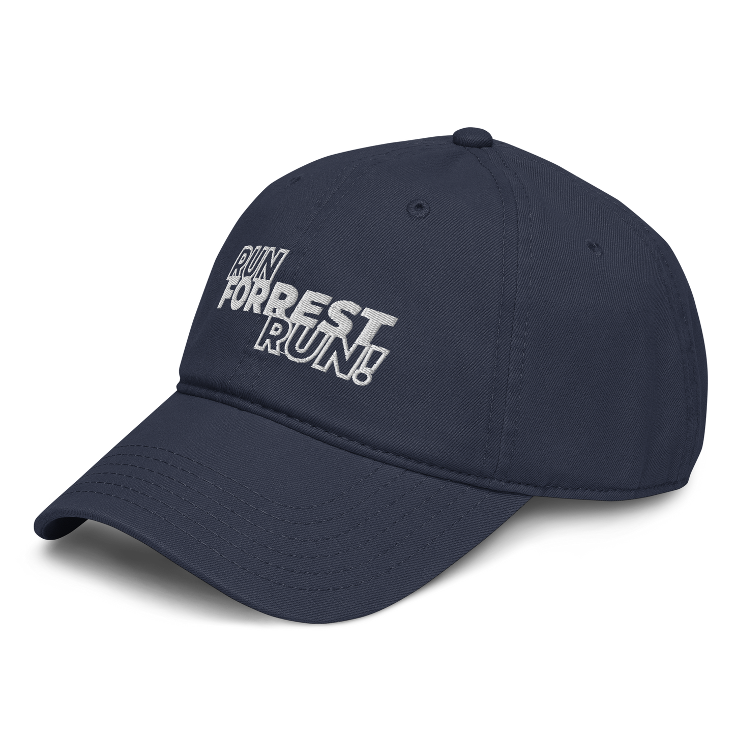 Run Forrest Run garment-washed navy cap, front-left angle