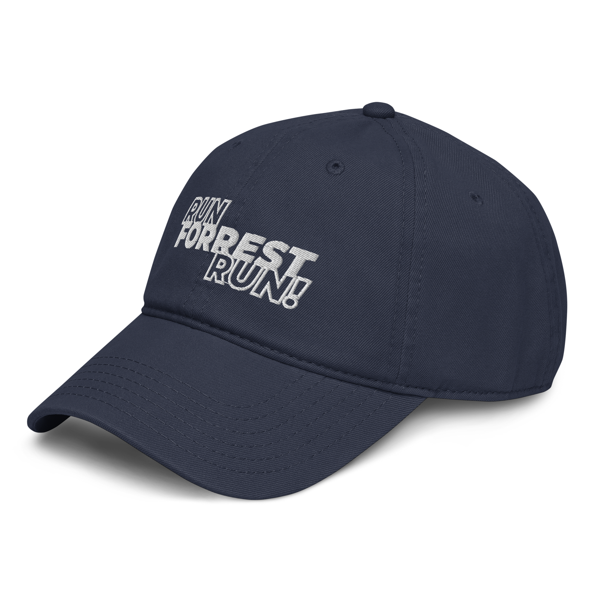 Run Forrest Run garment-washed navy cap, front-left angle