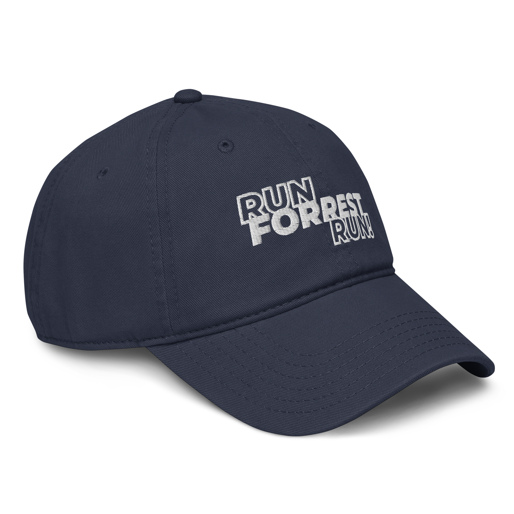 Run Forrest Run garment-washed navy cap, front-right angle