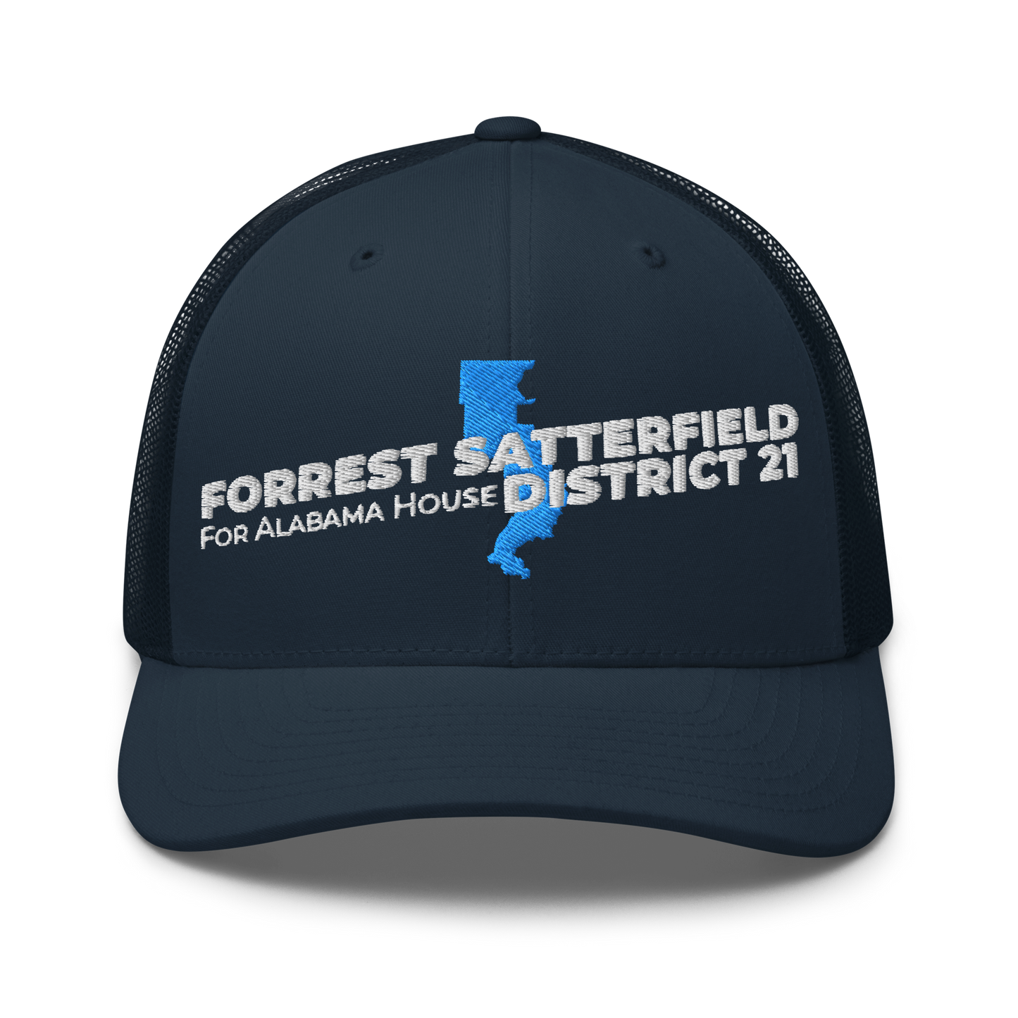 Forrest for Alabama navy trucker cap, front view