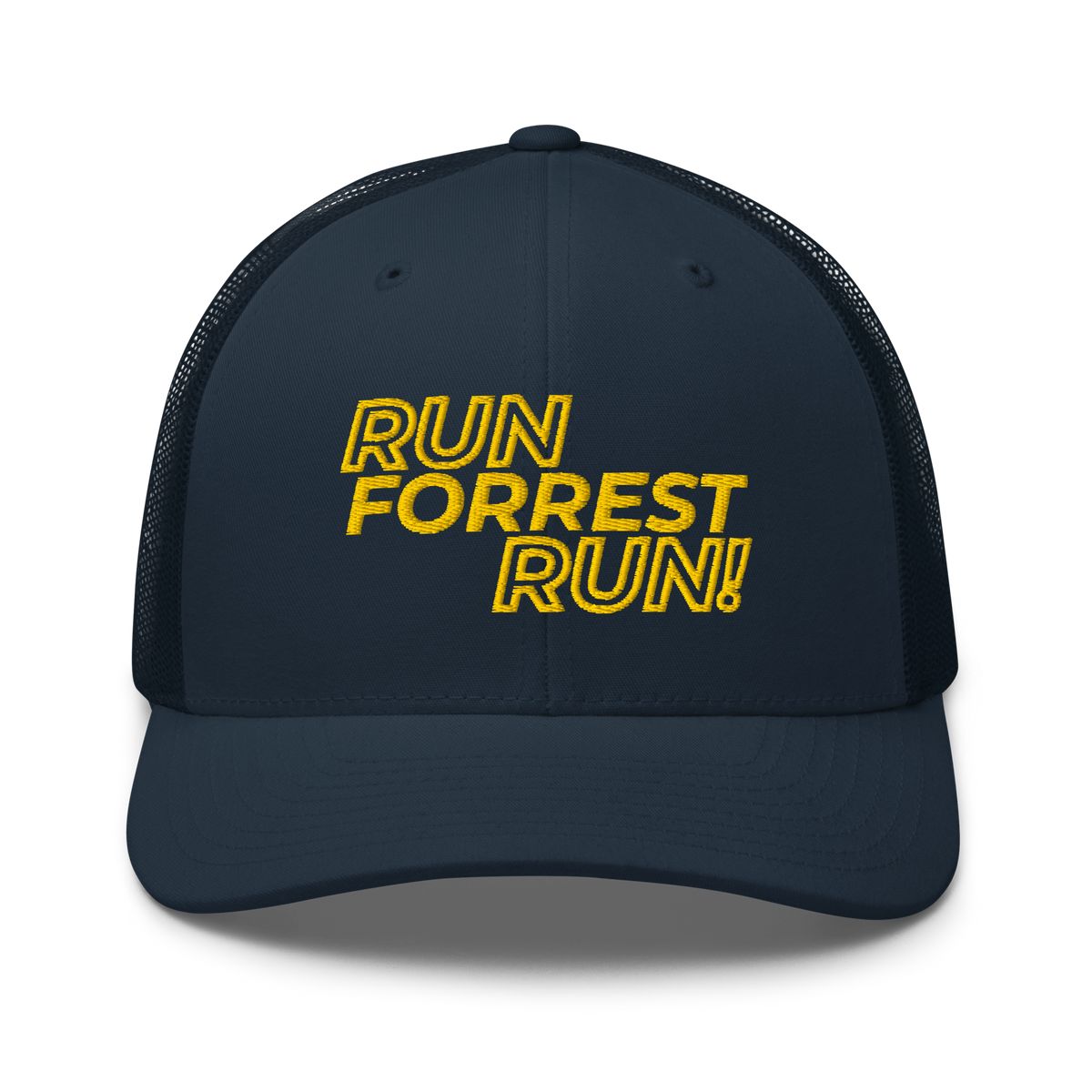 Run Forrest Run navy trucker cap, front detail view
