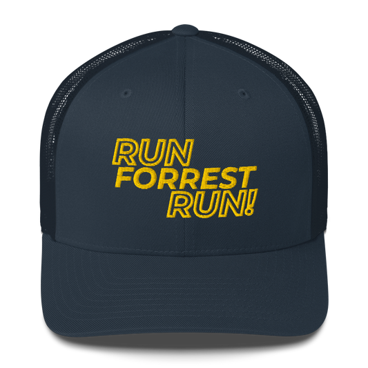 Run Forrest Run navy trucker cap, front view