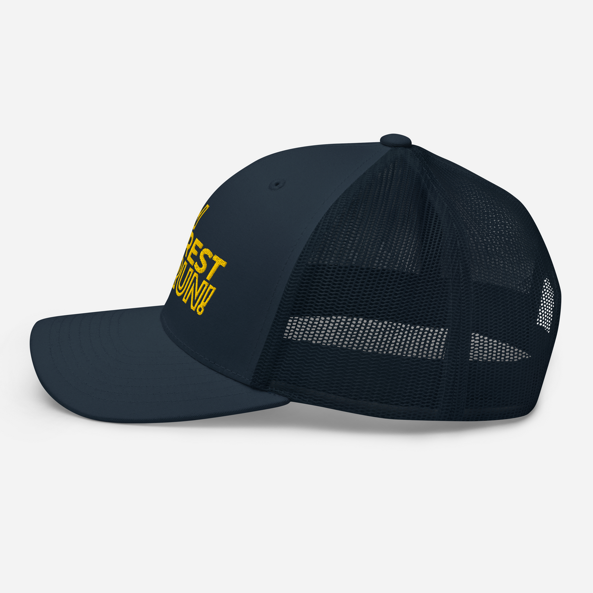 Run Forrest Run navy trucker cap, left side view