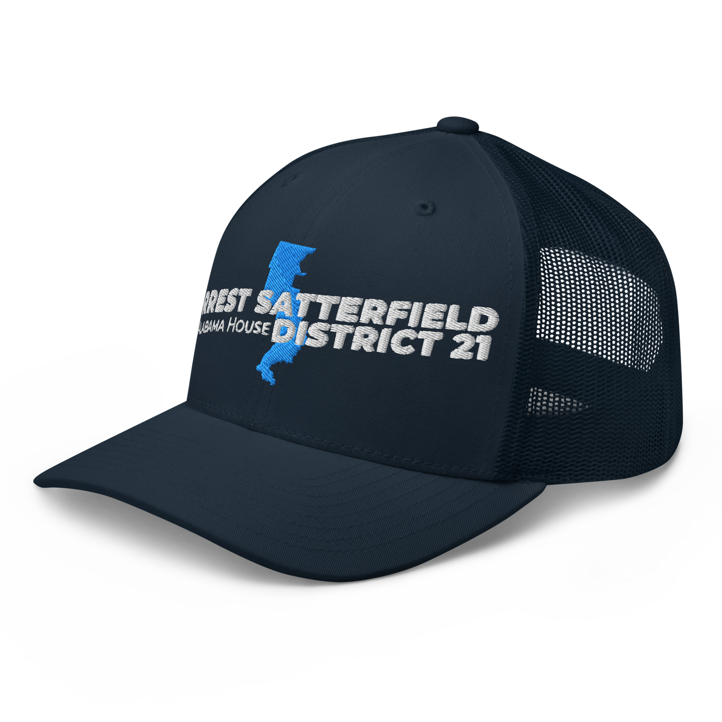 Forrest for Alabama navy trucker cap, left front view