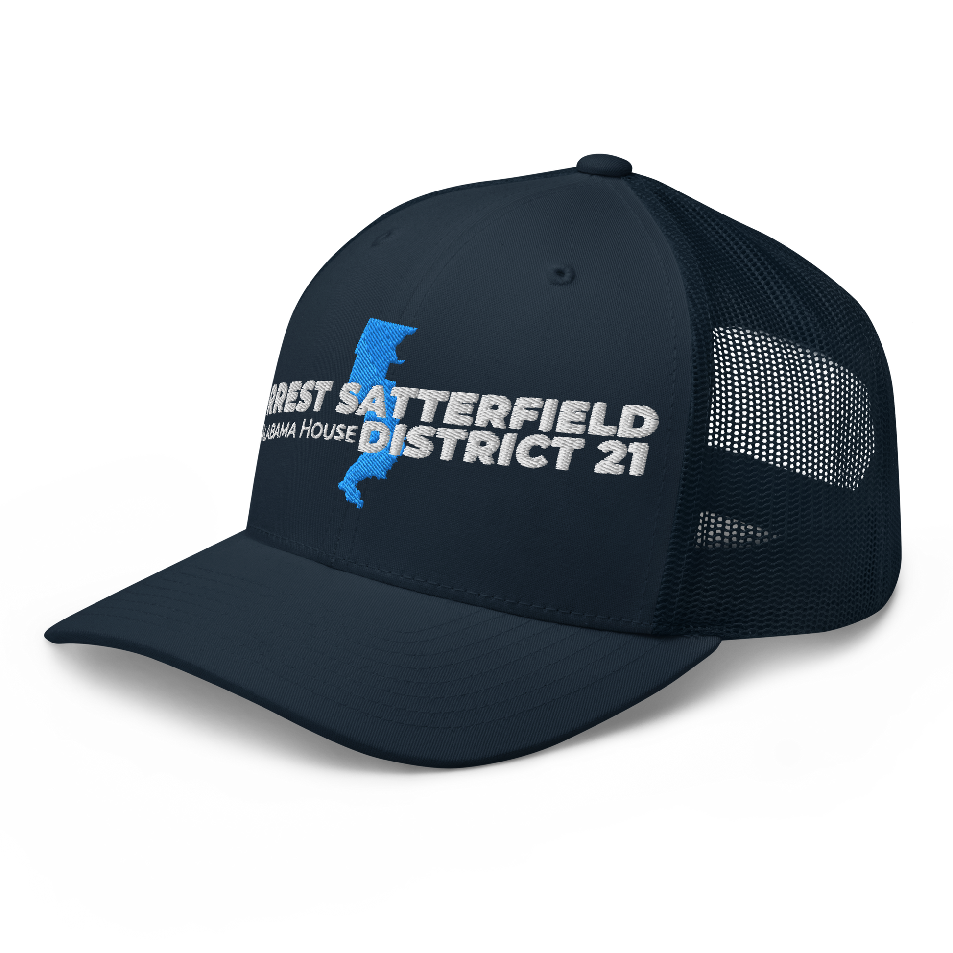 Forrest for Alabama navy trucker cap, left front view