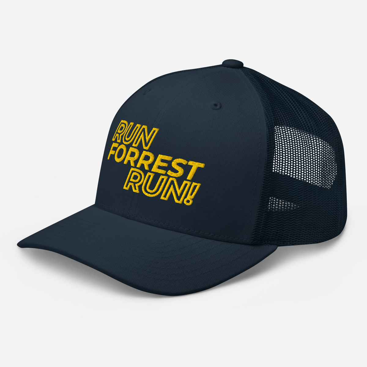 Run Forrest Run navy trucker cap, left front view